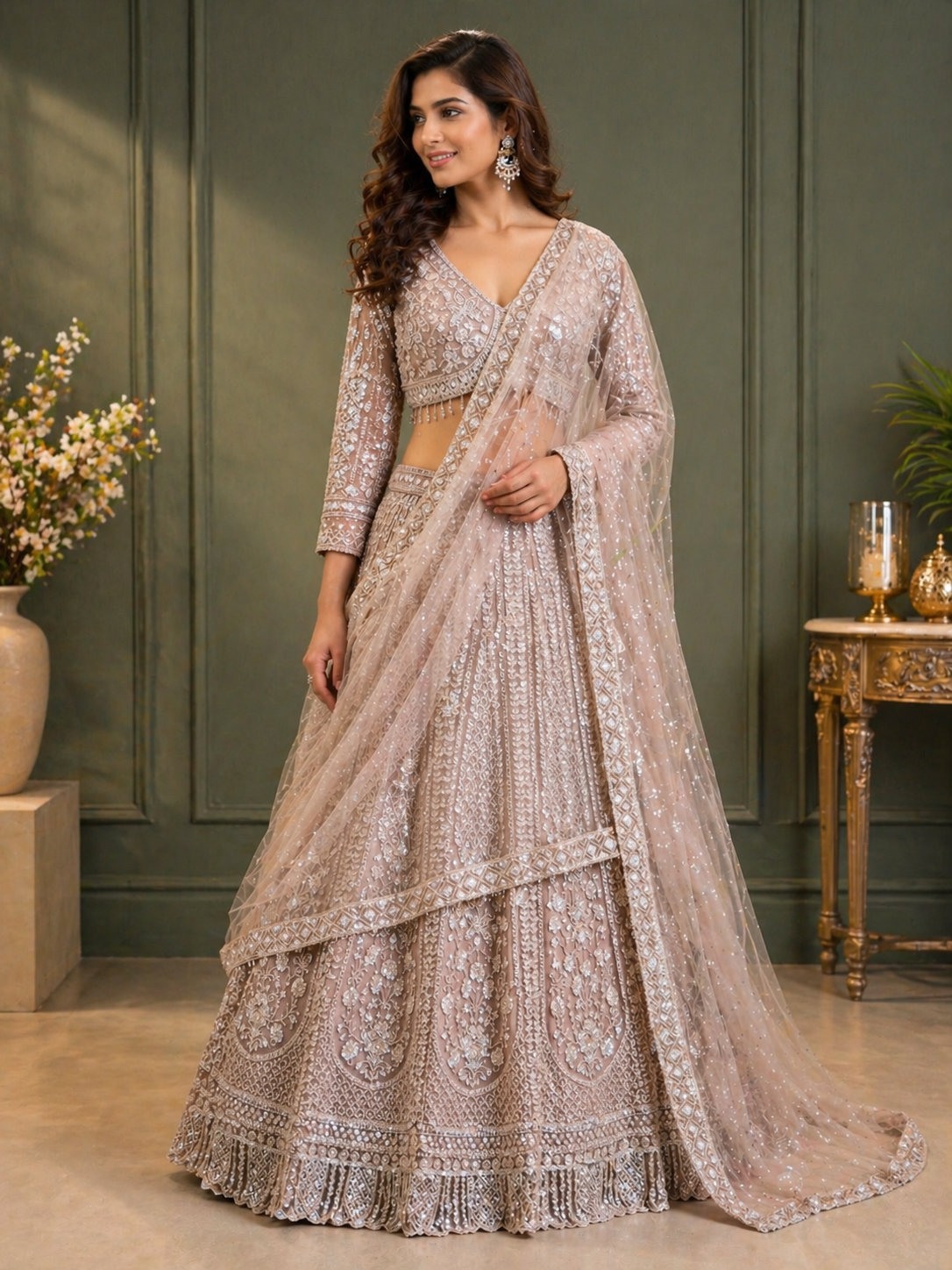 Champagne Beige Embroidered Bridal Lehenga Set with Net Dupatta